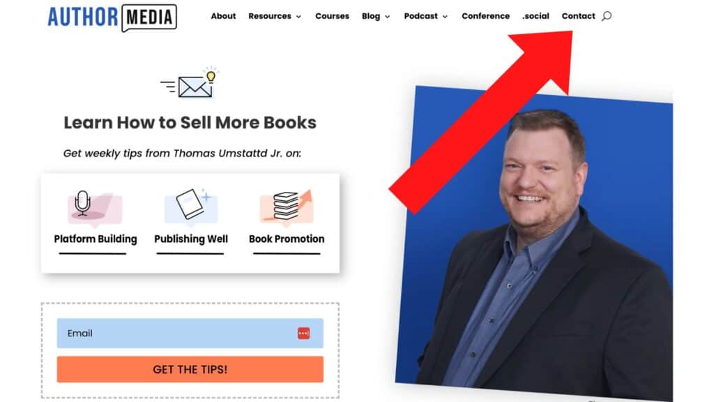 Contact page in menu bar of author website