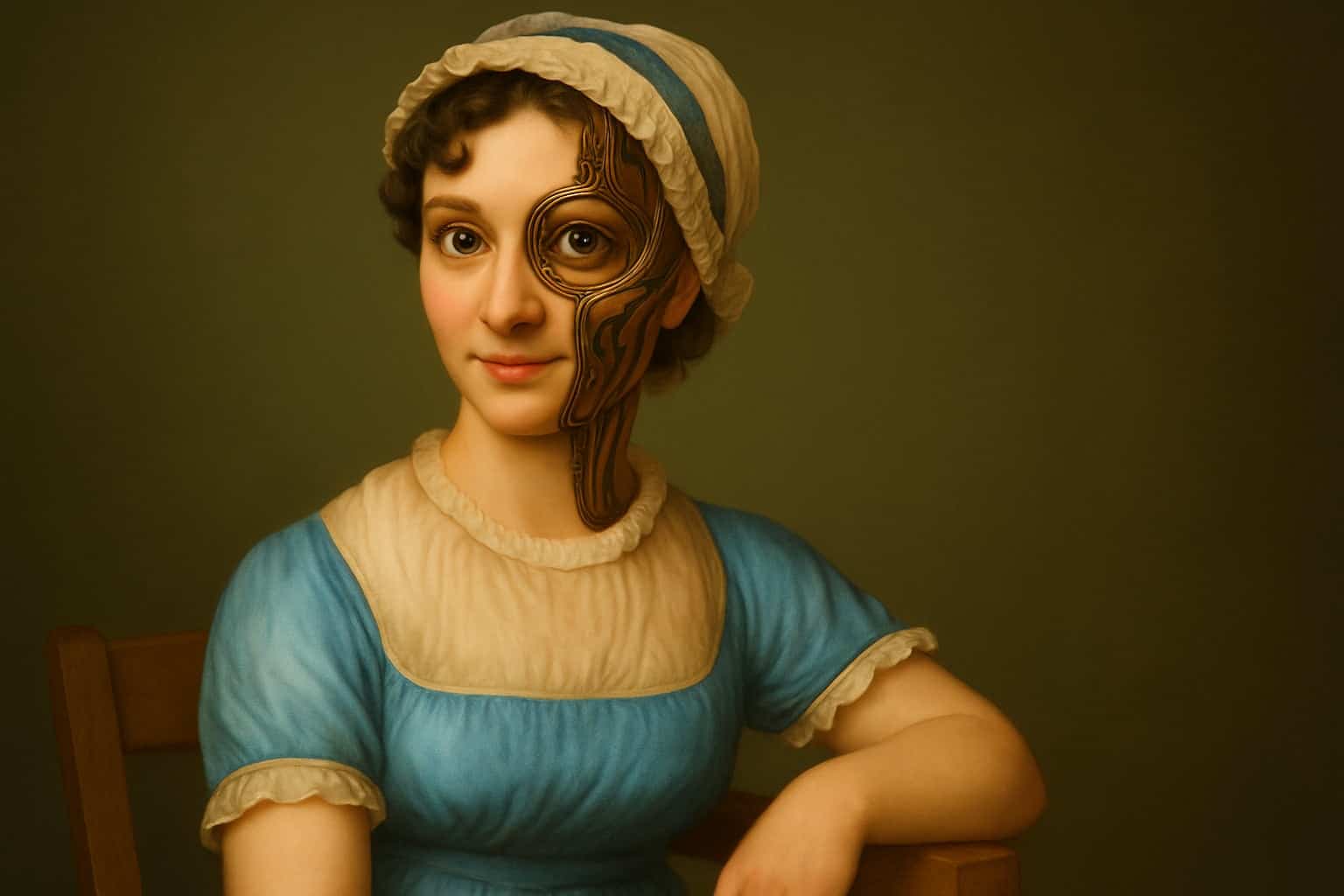 JaneBot, a Jane Austen-inspired portrait with a mechanical face and Regency dress.