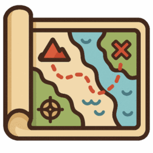 Illustrated map scroll with mountains, trees, and a dotted route