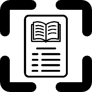 A web page with an open book at the top and lines of text, framed by scanner corner brackets.