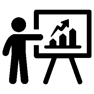 Royalty Analyzer icon: a presenter pointing at a bar chart with a rising arrow.