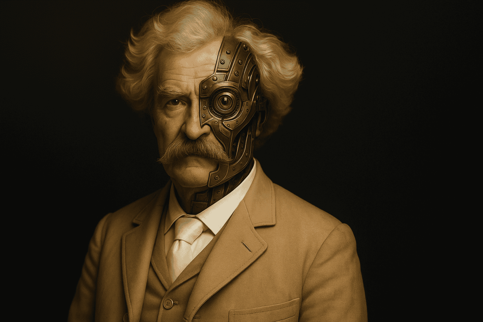 TwainBot, a sepia portrait of Mark Twain with a mechanical eye and half-robot face.