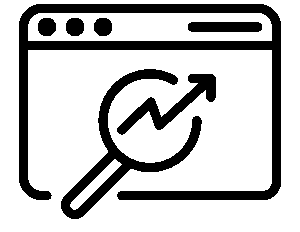 Browser window with a magnifying glass and a rising arrow, representing a search checkup for a web page.
