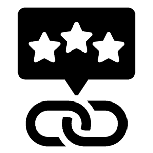 Review Linker icon, a chain link beneath a speech bubble with three stars